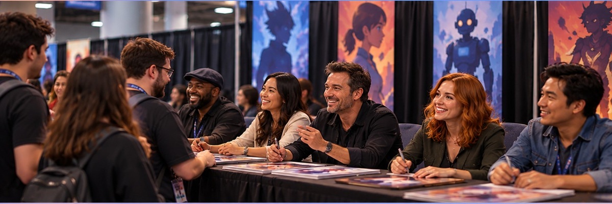 A diverse group of voice actors meeting fans and signing autographs at a busy comic convention, highlighting voice talent appearances at San Diego Comic-Con 2026.
