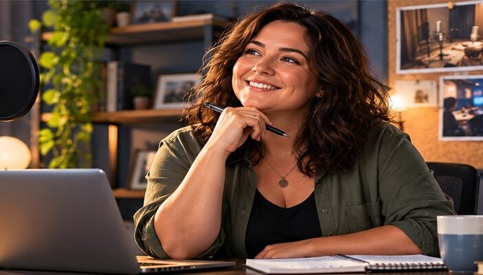 A brunette female voice actor working at her home studio, exploring career opportunities beyond online casting platforms.