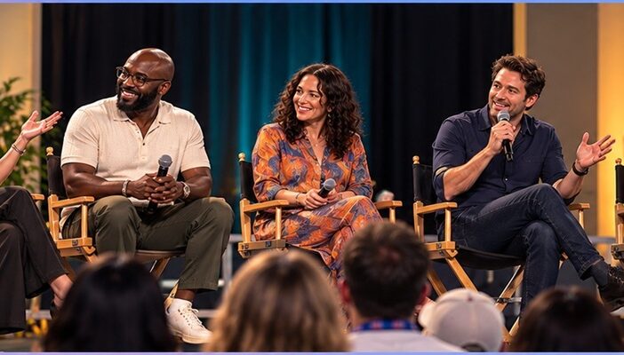 Five diverse voice actors participating in a Comic-Con panel discussion before an audience, demonstrating the appeal of voice talent at fan conventions.