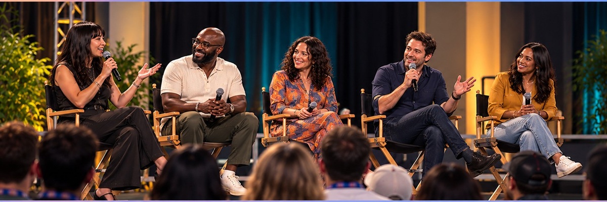 Five diverse voice actors participating in a Comic-Con panel discussion before an audience, demonstrating the appeal of voice talent at fan conventions.