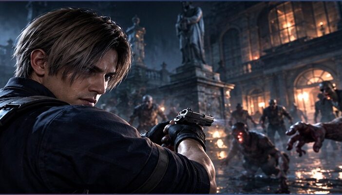 A survival-horror video game scene featuring an armed protagonist confronting terrifying infected monsters in a dark, ruined courtyard, inspired by Resident Evil Requiem.