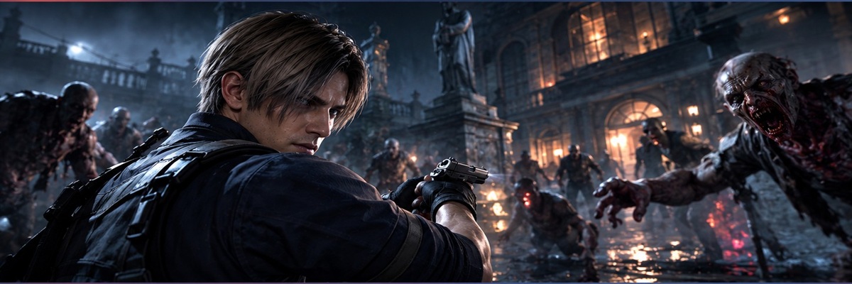 A survival-horror video game scene featuring an armed protagonist confronting terrifying infected monsters in a dark, ruined courtyard, inspired by Resident Evil Requiem.