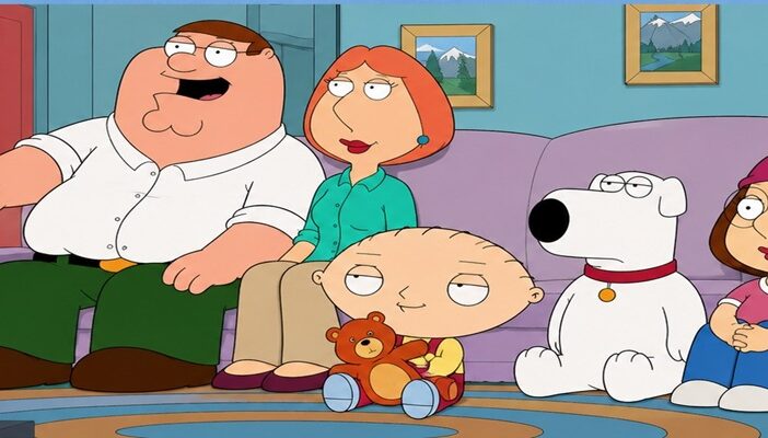 The Griffin family, including Stewie, Peter, Lois, Brian, and Meg, gathered in their living room in a classic Family Guy cartoon-style illustration.