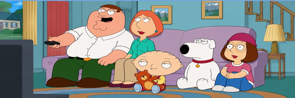 The Griffin family, including Stewie, Peter, Lois, Brian, and Meg, gathered in their living room in a classic Family Guy cartoon-style illustration.