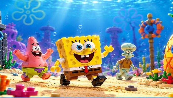 Colorful brick-built SpongeBob, Patrick, and Squidward characters exploring a playful underwater neighborhood with a pineapple house, inspired by SpongeBob LEGO sets.