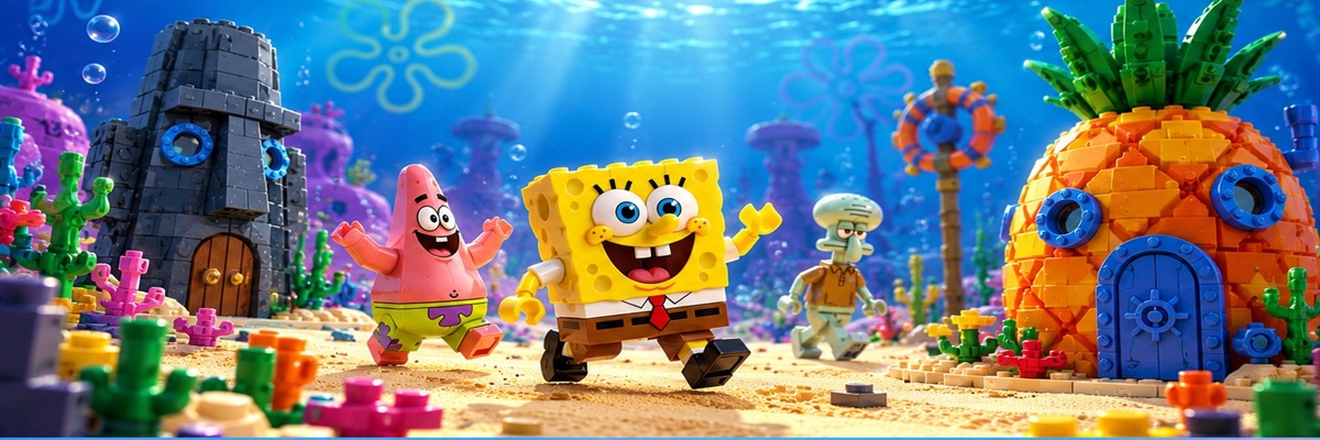 Colorful brick-built SpongeBob, Patrick, and Squidward characters exploring a playful underwater neighborhood with a pineapple house, inspired by SpongeBob LEGO sets.