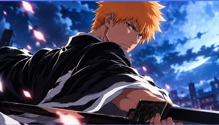 Anime-style illustration of an orange-haired swordsman beneath a moonlit sky, inspired by Ichigo Kurosaki from Bleach and the voice actors behind the character.