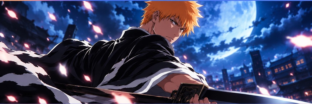 Anime-style illustration of an orange-haired swordsman beneath a moonlit sky, inspired by Ichigo Kurosaki from Bleach and the voice actors behind the character.