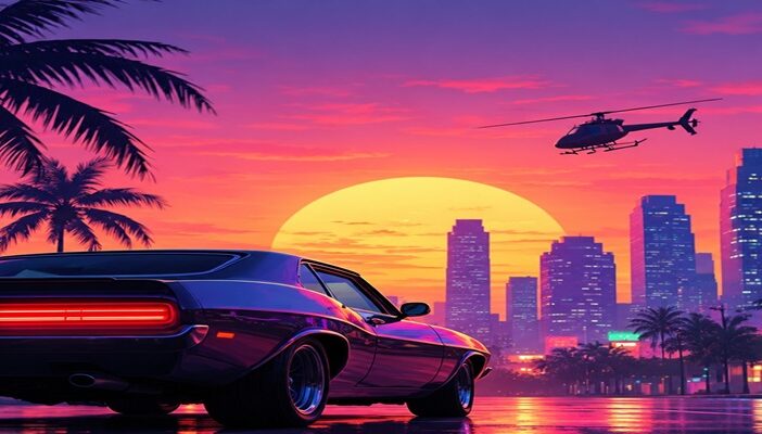 Neon-lit muscle car overlooking a vibrant city skyline, inspired by the Grand Theft Auto video game atmosphere and Ned Luke's voice acting career.