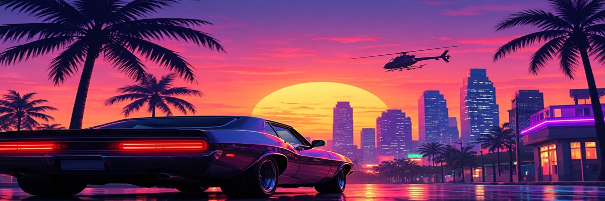 Neon-lit muscle car overlooking a vibrant city skyline, inspired by the Grand Theft Auto video game atmosphere and Ned Luke's voice acting career.