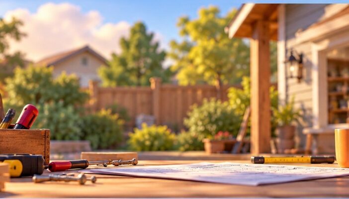 Home improvement tools, lumber, and project plans arranged on a sunlit outdoor workbench, illustrating Josh Lucas's commercial voiceover work for Home Depot.
