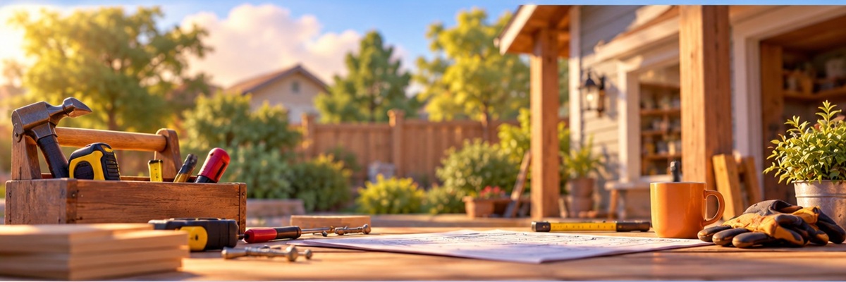 Home improvement tools, lumber, and project plans arranged on a sunlit outdoor workbench, illustrating Josh Lucas's commercial voiceover work for Home Depot.