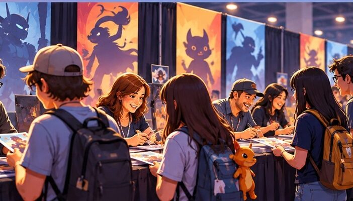 Colorful illustration of voice actors signing autographs for excited fans lined up at a busy comic convention.