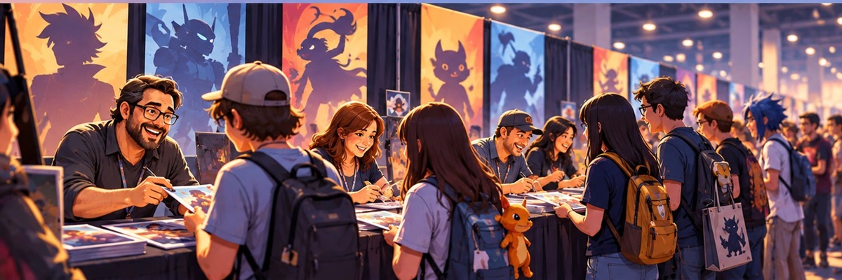 Colorful illustration of voice actors signing autographs for excited fans lined up at a busy comic convention.