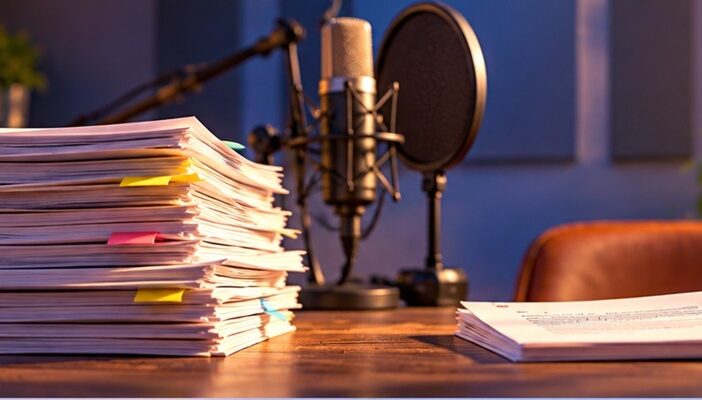 A large stack of audition scripts beside a single selected script in a voiceover workspace, representing voice actors submitting more auditions while booking fewer jobs.