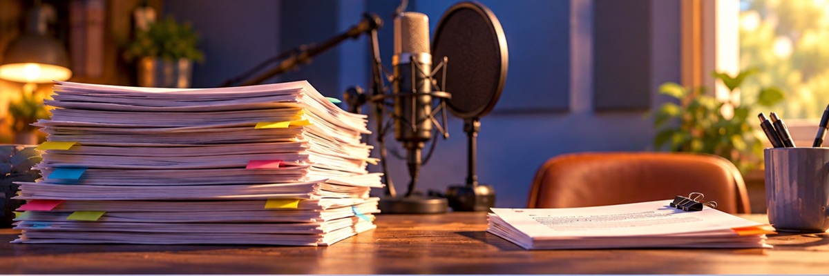 A large stack of audition scripts beside a single selected script in a voiceover workspace, representing voice actors submitting more auditions while booking fewer jobs.