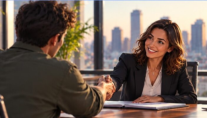 A voice actor shaking hands with a talent agent during a professional office meeting, highlighting the importance of representation in the voice acting industry.