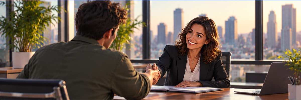 A voice actor shaking hands with a talent agent during a professional office meeting, highlighting the importance of representation in the voice acting industry.