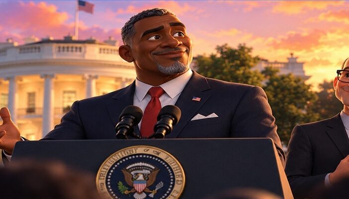 Colorful animated illustration of a fictional American president addressing a crowd outside the White House, accompanied by an adviser, representing the President Curtis voice cast.