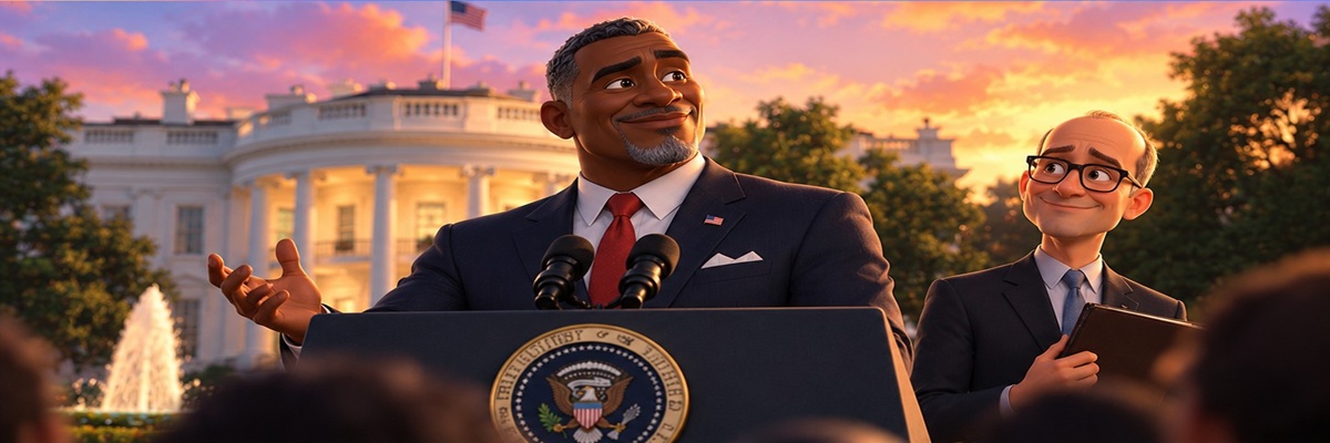 Colorful animated illustration of a fictional American president addressing a crowd outside the White House, accompanied by an adviser, representing the President Curtis voice cast.