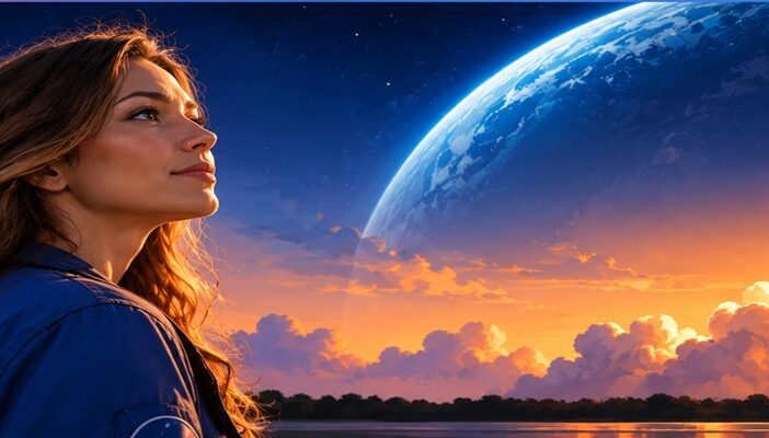 Illustration of a female aerospace professional watching a rocket launch beneath a starry sky, representing Eryn Andrews' career spanning NASA engineering and voiceover.