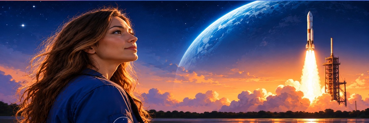 Illustration of a female aerospace professional watching a rocket launch beneath a starry sky, representing Eryn Andrews' career spanning NASA engineering and voiceover.