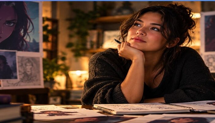 A young woman reflecting on her performance in a creative workspace surrounded by character artwork and storyboards, illustrating Inde Navarrette's approach to voice acting.
