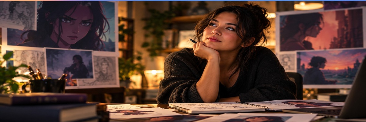 A young woman reflecting on her performance in a creative workspace surrounded by character artwork and storyboards, illustrating Inde Navarrette's approach to voice acting.