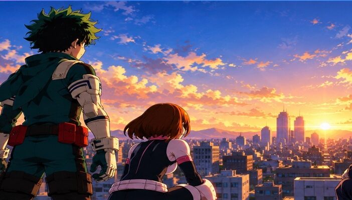 Four anime superheroes overlooking a city at sunset, celebrating ten years of My Hero Academia and its English voice cast.