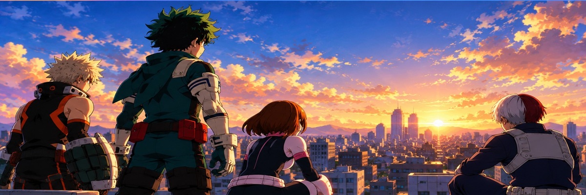 Four anime superheroes overlooking a city at sunset, celebrating ten years of My Hero Academia and its English voice cast.