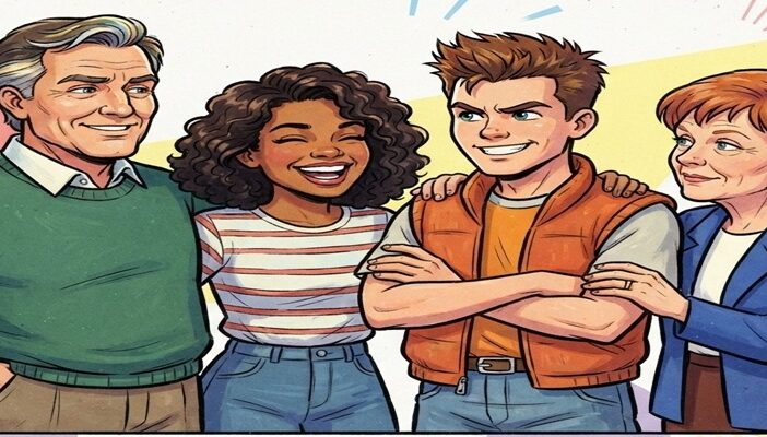 1990s-style animated illustration of four voice actors celebrating their performances, representing the English voice cast of X-Men '97.