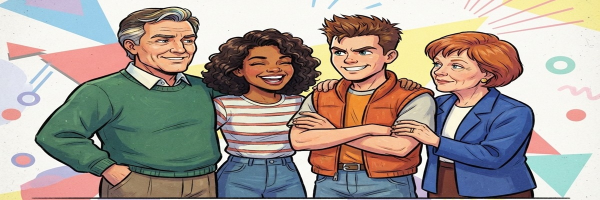 1990s-style animated illustration of four voice actors celebrating their performances, representing the English voice cast of X-Men '97.