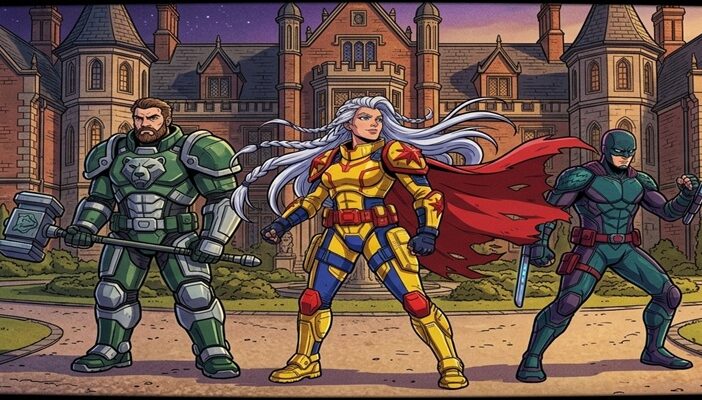 Three 90s-style superheroes stand outside a large brick mansion, featuring a central female warrior in yellow, blue, and red armor.