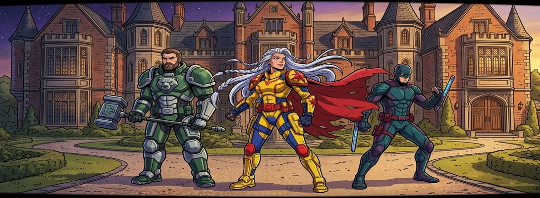 Three 90s-style superheroes stand outside a large brick mansion, featuring a central female warrior in yellow, blue, and red armor.