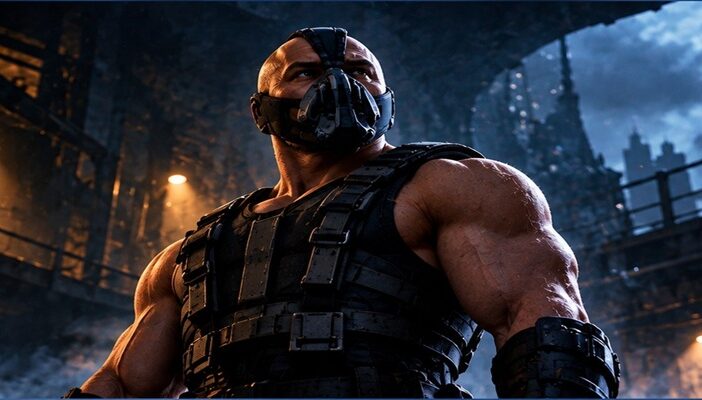 A powerful masked villain in tactical armor standing inside a dark industrial setting, inspired by Bane in Batman: Knightfall and Michael Mando's voice performance.