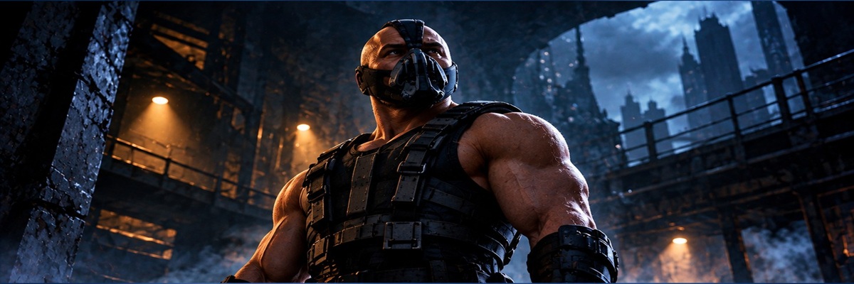 A powerful masked villain in tactical armor standing inside a dark industrial setting, inspired by Bane in Batman: Knightfall and Michael Mando's voice performance.
