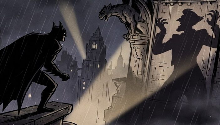 A dark noir animated vigilante silhouette watches a laughing villain’s shadow projected onto a rainy skyscraper clock tower at night.