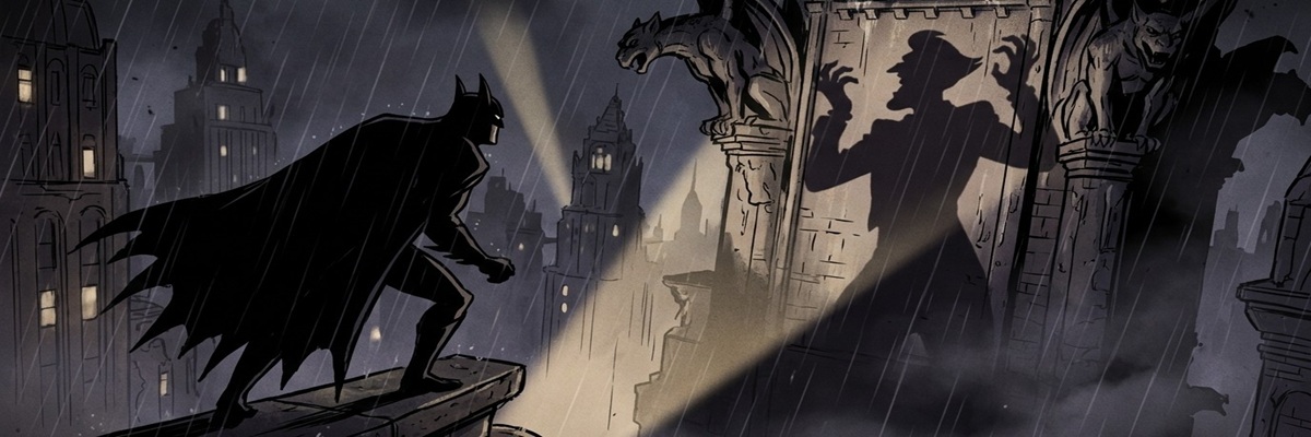 A dark noir animated vigilante silhouette watches a laughing villain’s shadow projected onto a rainy skyscraper clock tower at night.