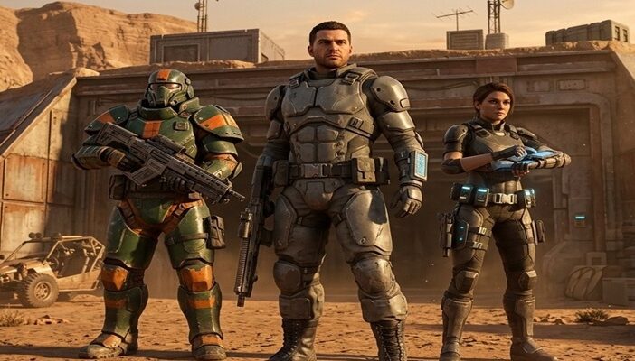 A tactical sci-fi squad of three armored mercenaries stands outside a rugged desert bunker base during a golden hour sunset