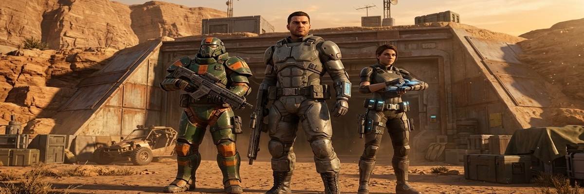A tactical sci-fi squad of three armored mercenaries stands outside a rugged desert bunker base during a golden hour sunset