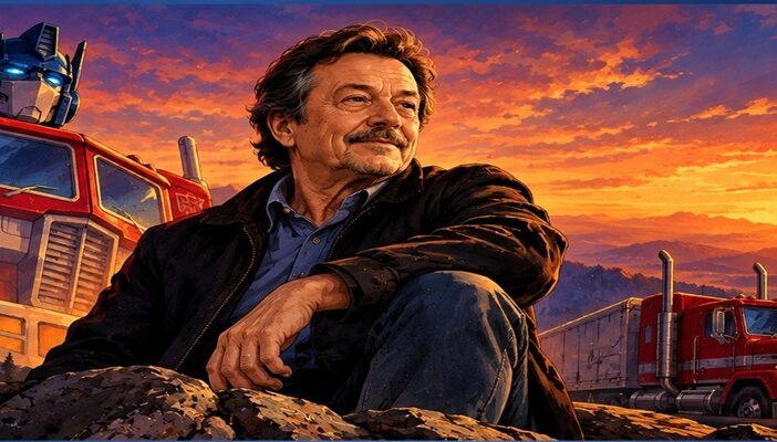 Illustrated tribute to Peter Cullen alongside a heroic red-and-blue robot and semi-truck, celebrating his legendary voice acting career and iconic role as Optimus Prime.