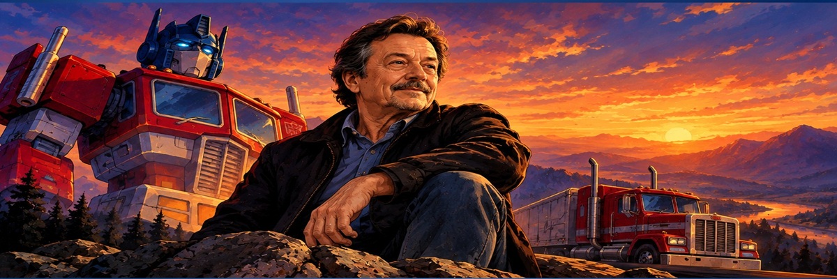 Illustrated tribute to Peter Cullen alongside a heroic red-and-blue robot and semi-truck, celebrating his legendary voice acting career and iconic role as Optimus Prime.