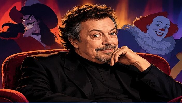 Illustrated tribute to Tim Curry seated in a theater armchair, surrounded by animated villains representing his memorable voice acting roles and career legacy.