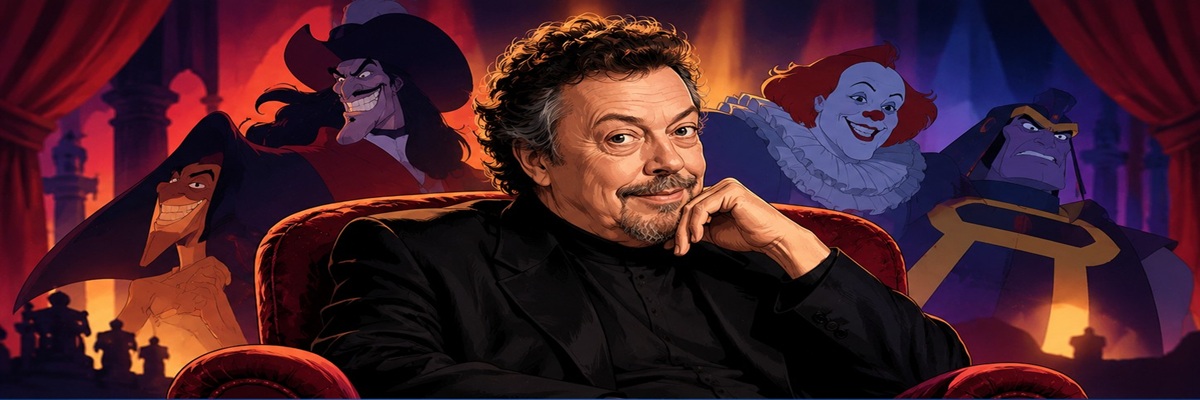 Illustrated tribute to Tim Curry seated in a theater armchair, surrounded by animated villains representing his memorable voice acting roles and career legacy.