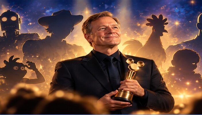 A veteran voice actor holding a golden lifetime achievement award, surrounded by silhouettes representing his many animated character performances, celebrating Alan Tudyk's Disney Legend recognition.