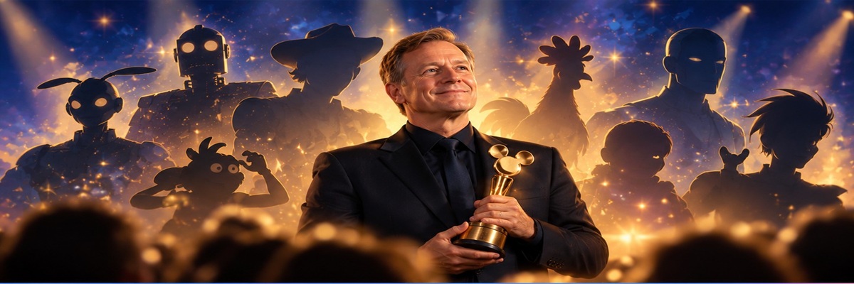 A veteran voice actor holding a golden lifetime achievement award, surrounded by silhouettes representing his many animated character performances, celebrating Alan Tudyk's Disney Legend recognition.