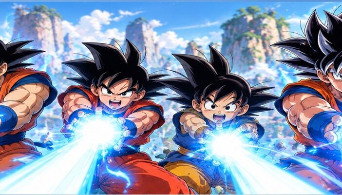 Four anime martial artists resembling Goku unleash glowing blue energy blasts together, representing four international Goku voice actors performing the iconic Kamehameha attack.