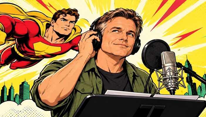 Vintage comic-book illustration of a voice actor recording at a studio microphone, with an original red-and-yellow superhero flying behind him against a bright yellow and mint-green background.