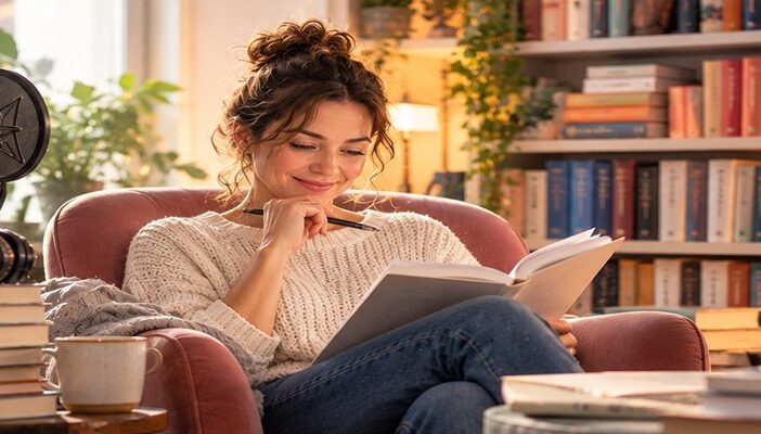 A woman reading in a cozy library surrounded by books and audiobook recording equipment, representing Julia Whelan's milestone of narrating more than 700 audiobooks.