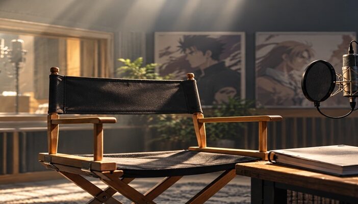 A quiet tribute to voice actor and ADR director Mike McFarland, featuring an empty director’s chair, recording microphone, headphones, and closed script in a softly lit anime dubbing studio.